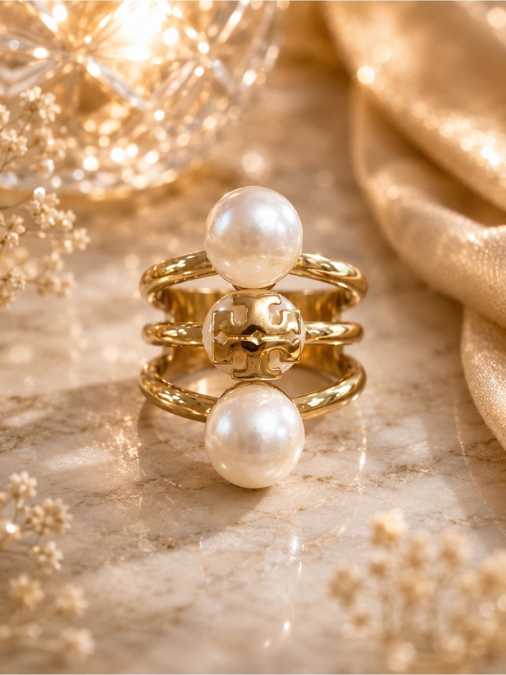 Tory Burch Gold Pearl Triple-Stack Logo Ring